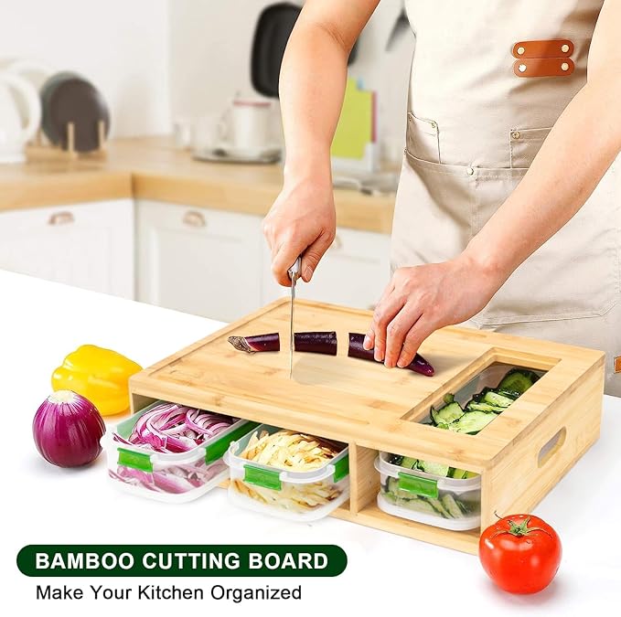 Bamboo Cutting Board with Containers, Large Smart Cutting Board Set with Stackable Containers, Built-in Graters and Locking Lid, Meal Prep Station, Chopping Board Set, Housewarming Gifts