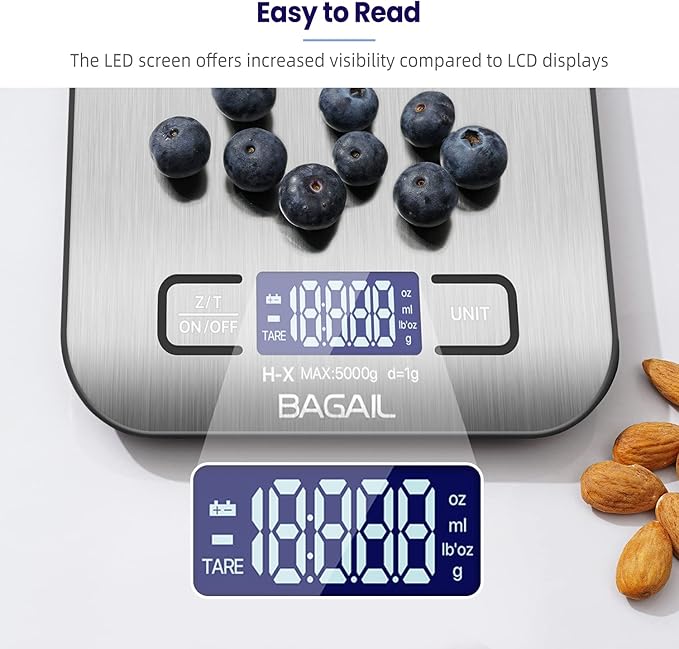 BAGAIL BASICS Digital Kitchen Scale, Premium Stainless Steel Food Scales Weight Grams and Oz for Baking and Cooking, 11lb/5kg with 0.1oz/1g Precision