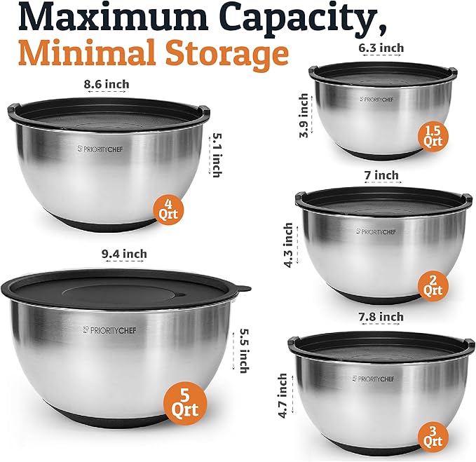 Priority Chef 28Pc Stainless Steel Mixing Bowls with Lids Set, Non-Slip Base, Air Tight Lids, 3 Graters and Utensil Set, Large Metal Nesting Bowls for Kitchen, Black
