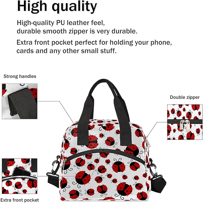 Pardick Red Ladybug Insulated Lunch Bag Cute Animal Lunch Box for Women Girl with Shoulder Strap Tote Bag Reusable Large Containers Meal Prep for School Work Travel Picnic Thermal Cooler Bag