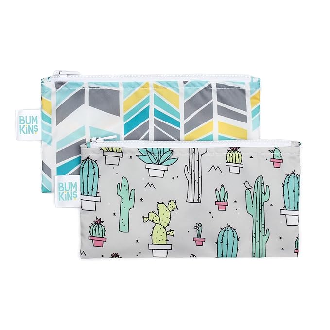 Bumkins Reusable Snack Bags, for Kids School Lunch and for Adults Portion, Washable Fabric, Waterproof Cloth Zip Bag, Supplies Travel Pouch, Food-Safe Storage, 2-pk Cactus and Quill