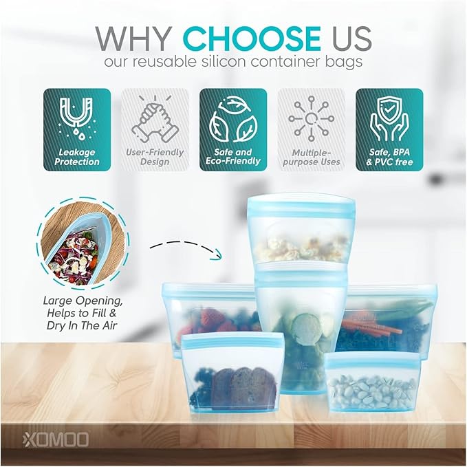 Reusable food container silicone bag, Upgrade second generation 6 Pcs Containers Storage, 100% Silicone Reusable Food Bag, Stand Up Preservation Bag, Rounded interior for easy cleaning.