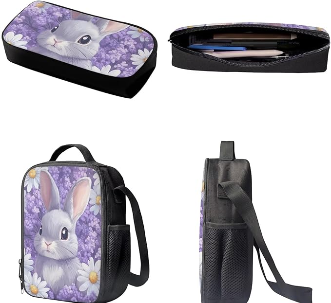 Dolyues Purple Flower Rabbit Girls' Backpack Set 17-Inch Lightweight Backpack, Double Compartment Lunch Bag & Organizer Pencil Case - Ages 5-10