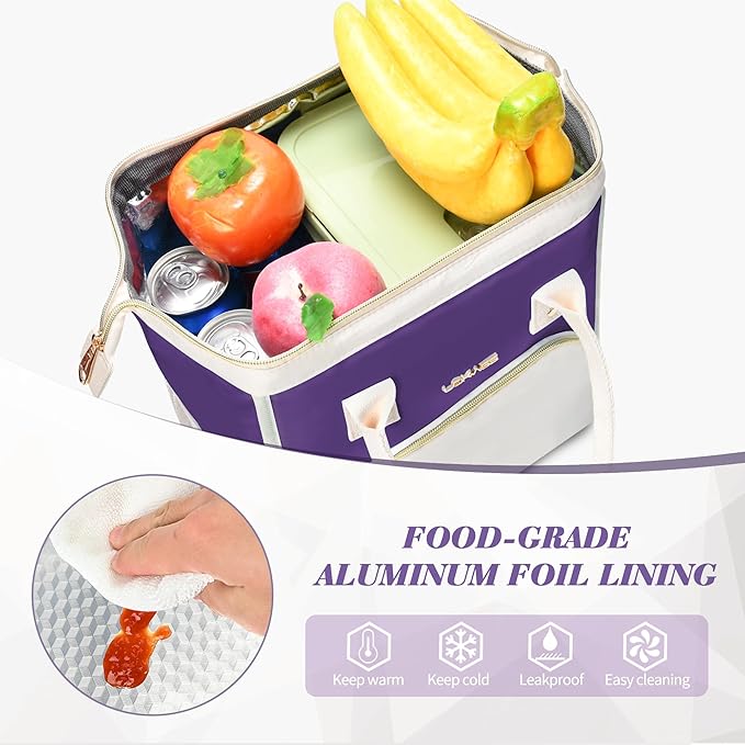 LOKASS Lunch Bag Women Insulated Lunch Box, Wide-Open Lunch Tote Bag Leak-proof Cooler Bag for Work Picnic-(Purple)