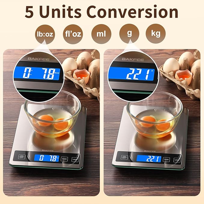 33LB Digital Kitchen Scale with Tempered Glass and Stainless Steel Surface, 1g/0.1oz Food Scale with Backlight Display, AAA Batteries, for Baking, Making Sourdough Bread, Meal Prepping Black