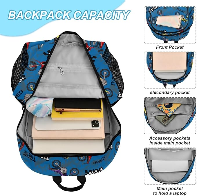 Emelivor Motorcycles Kids Backpack for Girls Boys School Bookbag with Insulated Lunch Box for Hight Middle School Book Bag