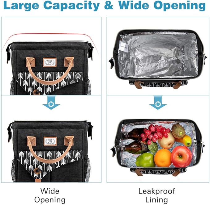 Lekesky Insulated Lunch Bag for Women Leakproof Wide Open Lunch Box Reusable Lunch Cooler Bag for Adults Work, Black