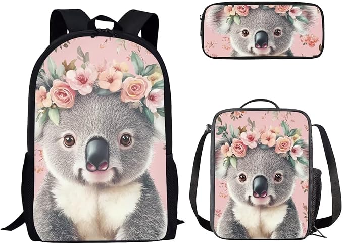 Dolyues Pink Flower Koala Girls 3-Piece Set: 17 Inch Laptop-Compatible Backpack, Leak-Proof Lunch Bag & Pencil Pouch - Extra Padding & Anti-Lost