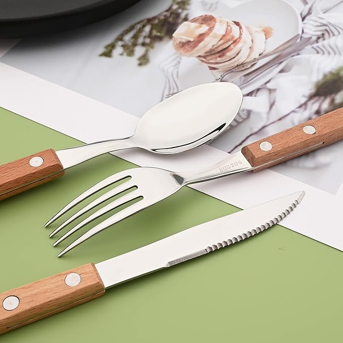 Dinner Forks Set of 8, Uniturcky 304 Stainless Steel Silverware Forks, Table Forks Salad Forks Set, Mirror Polishing Dinner Fork with Wooden Handle, 7.9 Inches