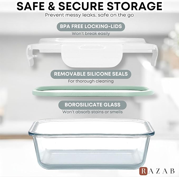 Razab 6 PC Square Glass Food Storage Containers with Airtight lids (74, 40 & 27 oz) Kitchen Glass Meal Prep Containers Set for Freezer Reusable Leftover Lunch Boxes, Oven, Microwave, Dishwasher Safe