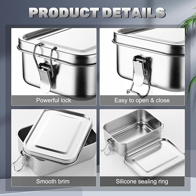 Umigy 4 Pcs Stainless Steel Food Containers Metal Bento Lunch Box Stainless Steel Food Storage Containers, Lockable Clips to Leak Proof, Reusable Dishwasher Snack Boxes for Work, Picnic (850ml)