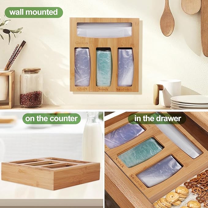 Premium Quality Solid Bamboo One Piece Plastic Bags Organizer, Food Storage Bag Dispenser for Kitchen Drawer, Bamboo Plastic Bag Organizer, Home Organization for Gallon Quart Snack Sandwich Bags