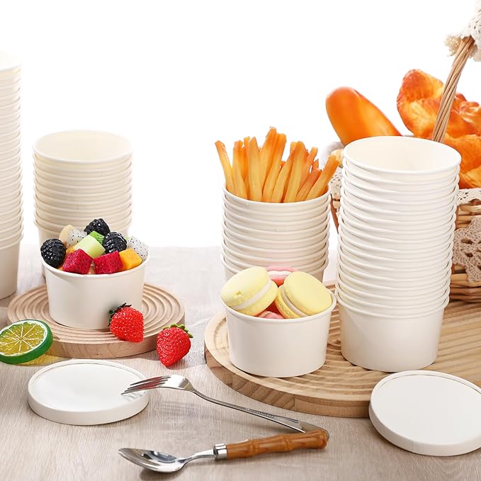 Fulmoon 100 Pack Paper Soup Containers with Lids Disposable Paper Food Containers with Vented Lids Kraft Ice Cream Bowls Soup Cup Ice Cream Cups for Restaurants(6 oz,White)