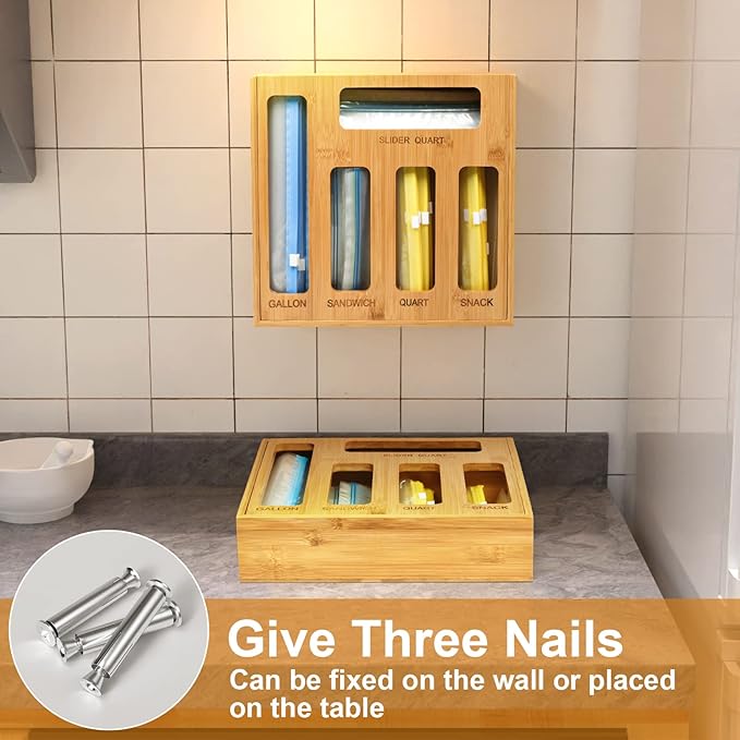 Plastic Bag Organizer for Drawer, Bamboo Food Storage Bags Container Organizer with Slider, Baggie Bags Storage for Drawer Compatible with Gallon, Sandwich Variety Size Bags