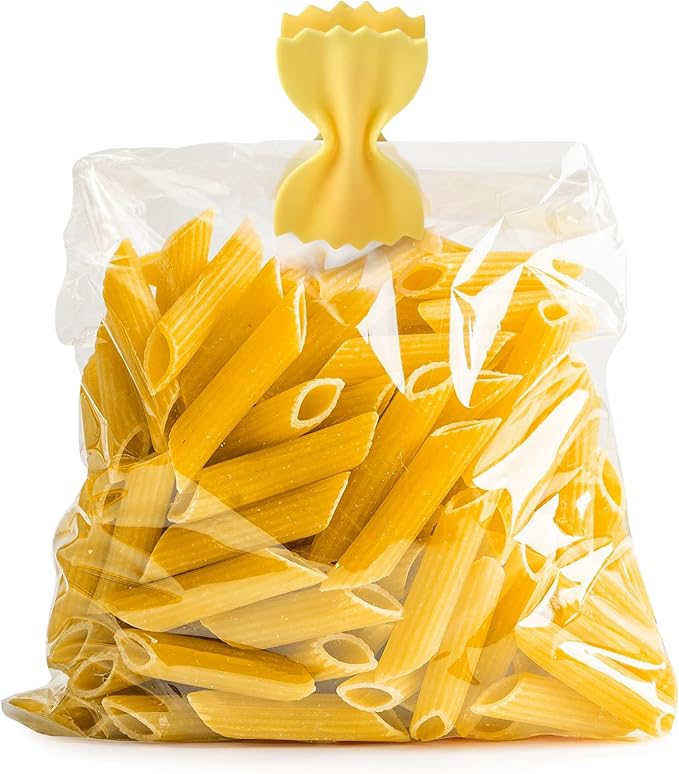 Genuine Fred SNACKARONI Pasta Bag Clips, Set of 4, Two Styles Farfalle and Rigatoni, Squeeze and Lock Bread Bag Clip, Spring-Loaded Clips, Fun Food Storage and Kitchen Accessories