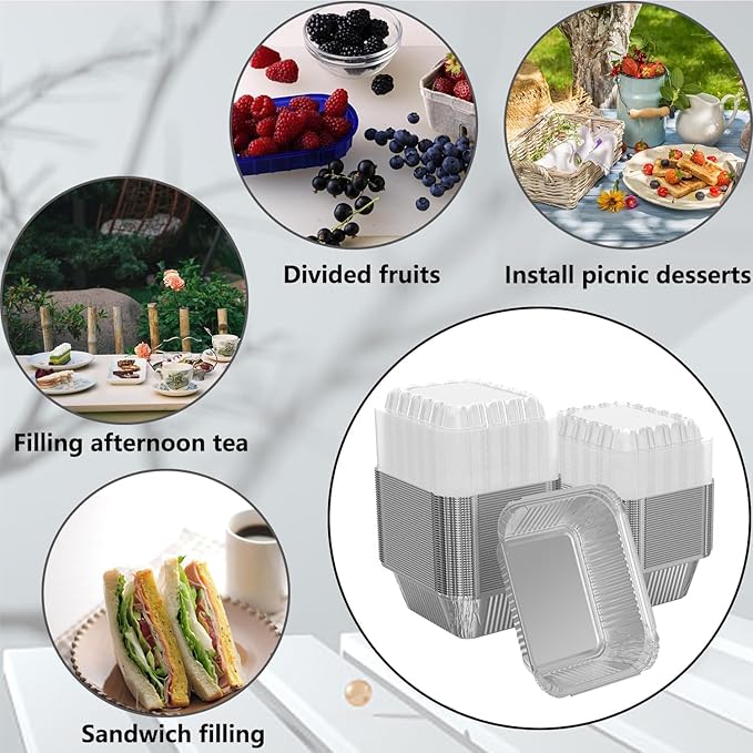 100 Pack 1 lb Rectangular Disposable Aluminum Foil Pan 16 oz Take Out Food Containers with Clear Plastic Dome Lids, for Catering, Baking, Roasting Food