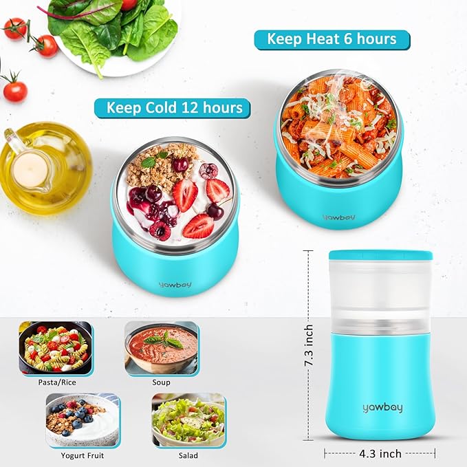 Thermos For Hot Food, 28OZ Soup Thermos For Adults, 2 In 1 Insulated Food Jar, Yogurt Container, Snack Cereal To Go Container, Leakproof Stainless Steel Vacuum Lunch Thermal With Spoon (Blue)