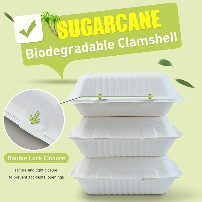 Green Earth 9x6x3 inch, 125-Count, 1-Compartment, Compostable Clamshell, Natural Bagasse (Sugarcane Fiber), Take-Out Food Boxes - Biodegradable Containers, Hinged Lid Microwave-Safe Gluten-Free