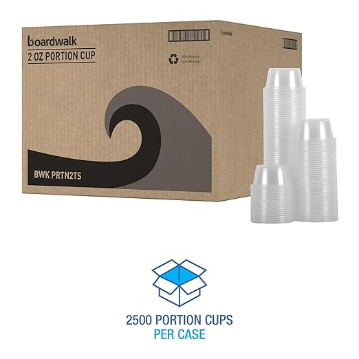 Boardwalk Souffle/Portion Cups, 2 oz, Polypropylene, Clear, 20 Cups/Sleeve, 125 Sleeves/Carton