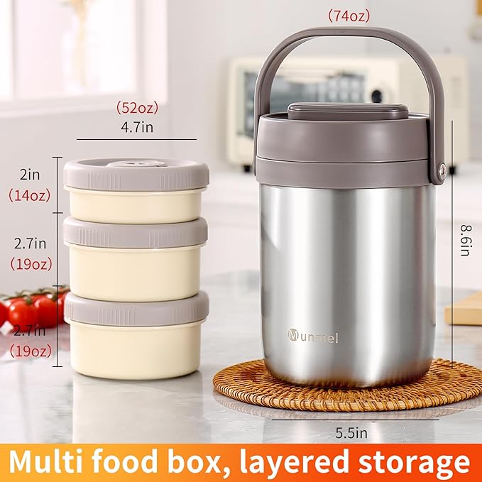 Adults Lunch Vacuum Soup Thermos For Hot Food with Inserts Stackable Bento Box Storage Container,Width Mouth Stainless Steel Portable Insulated Food Jar (silvery, 74 oz)