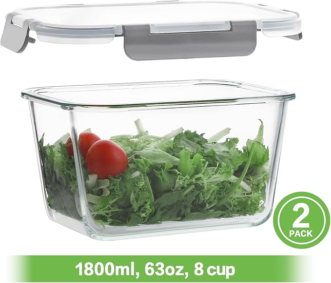 HOMBERKING 4pc Glass Food Storage Containers with Lids, Glass Meal Prep Containers with Leak Proof Snap Lock Lids, Airtight Bento Lunch Boxes, Kitchen Storage (2 lids & 2 Containers) - Grey