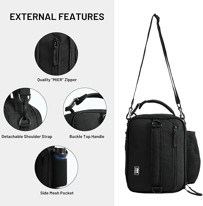 MIER Expandable Lunch Bag Insulated Lunch Box for Men to Work Travel Portable Lunchbox Bags with Shoulder Strap and Water Bottle Holder, Black