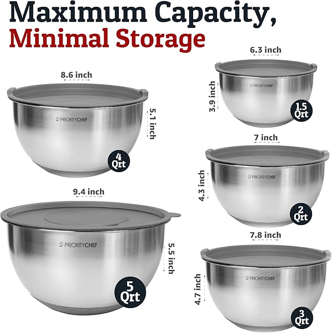 Priority Chef 28Pc Stainless Steel Mixing Bowls with Lids Set, Non-Slip Base, Air Tight Lids, 3 Graters and Utensil Set, Large Metal Nesting Bowls for Kitchen, Grey