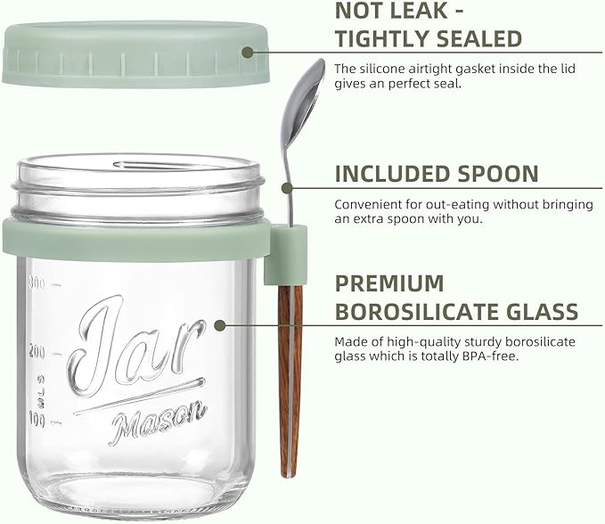 LANDNEOO 6 Pack Overnight Oats Containers with Lids and Spoons, 16 oz Glass Mason Overnight Oats Jars, Large Capacity Airtight Jars for Milk, Cereal, Fruit
