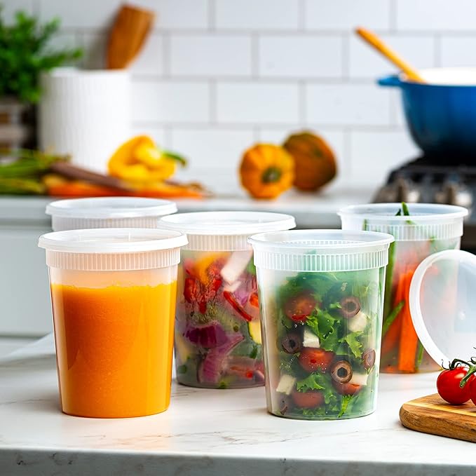 GUSTO [32 oz. - 24 Count Plastic Deli Containers with Lids - Disposable Food Storage Containers With Airtight Lids, Ideal for Soups, Stews, and Meal Prep - Formerly Comfy Package (32 oz.)