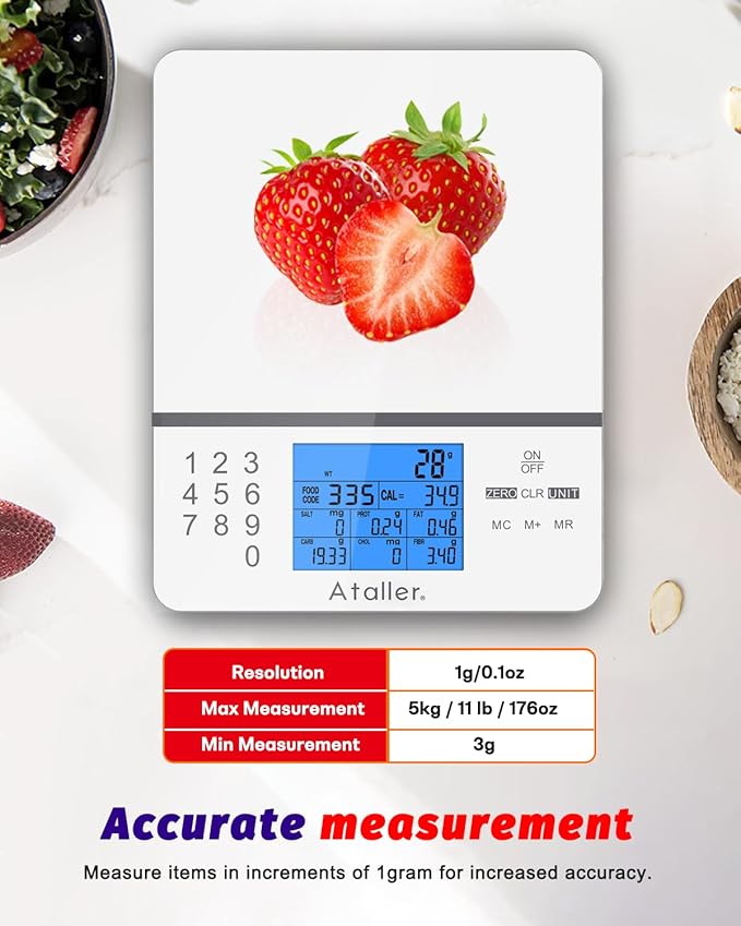 Ataller Food Scale with Nutritional Calculator, Digital Kitchen Scale, Food Scales for Kitchen, Calorie Calculator for Meal Prep, and Weight Loss, Units in Lbs, Grams, Ounces, Batteries Included