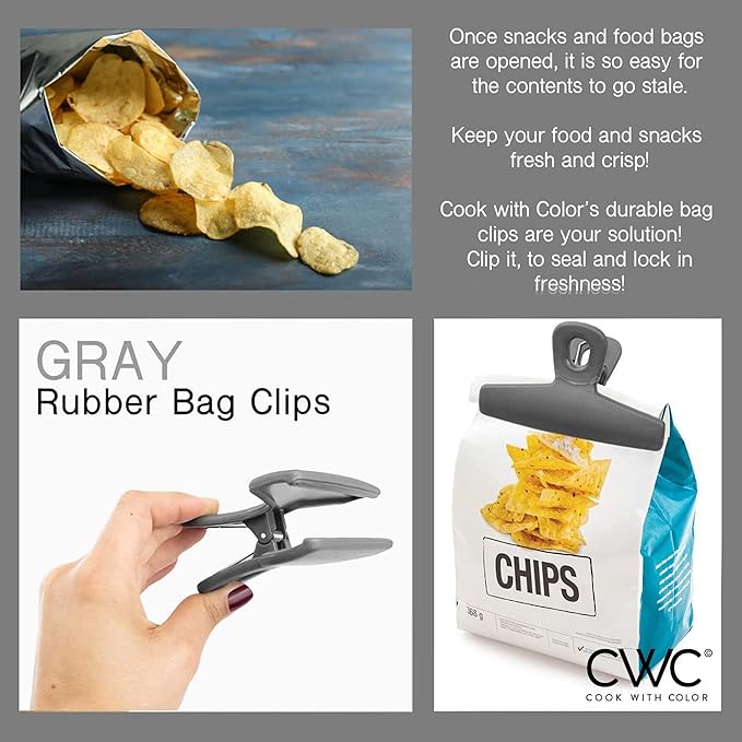 COOK WITH COLOR Bag Clips, Heavy Duty Chip Clip and Refrigerator Magnet Clips for Food Storage with Air Tight Seal Grip for Snack Bags and Food Bags (Grey, Pack of 8)