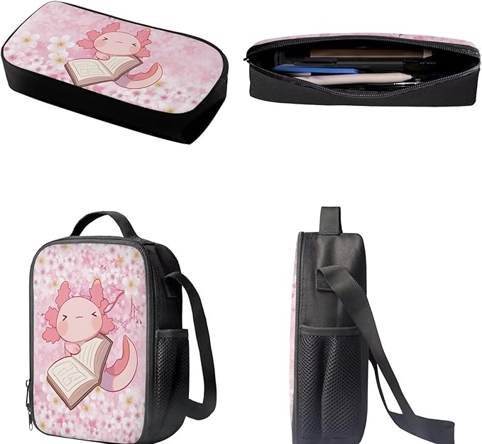 Dolyues Book Axolotl Girls Backpack Set: 17 Inch School Backpack, Leak-Proof Lunch Bag & Glitter Pencil Case - Adjustable Straps & Non for Ages 5-12