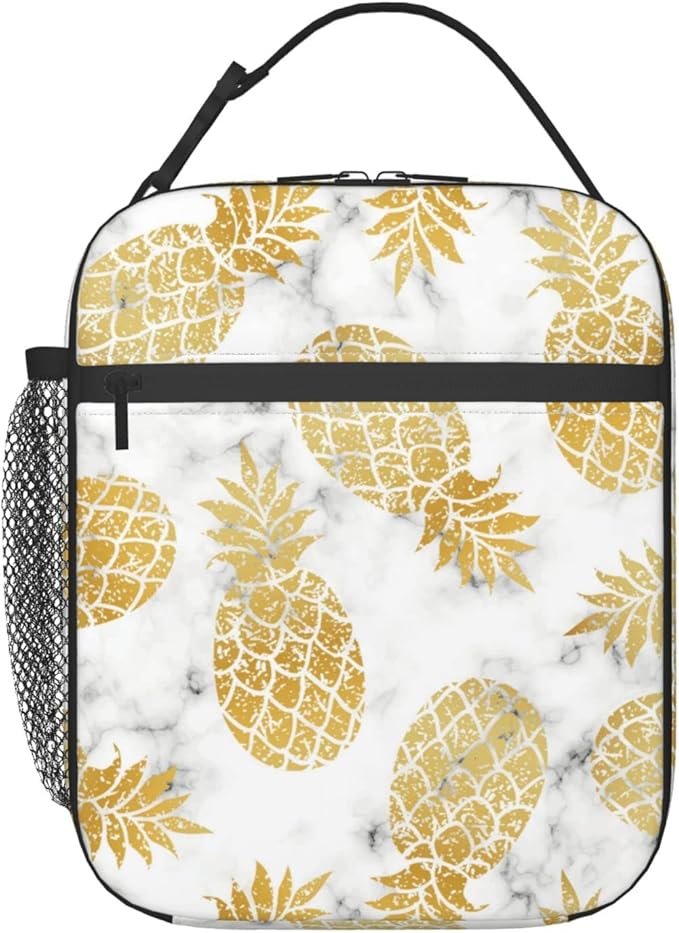 YETTA YANG Marble Gold Pineapple Portable Lunch Bag Insulated Lunch Box Reusable Totes For Women Men Work Picnic Camping