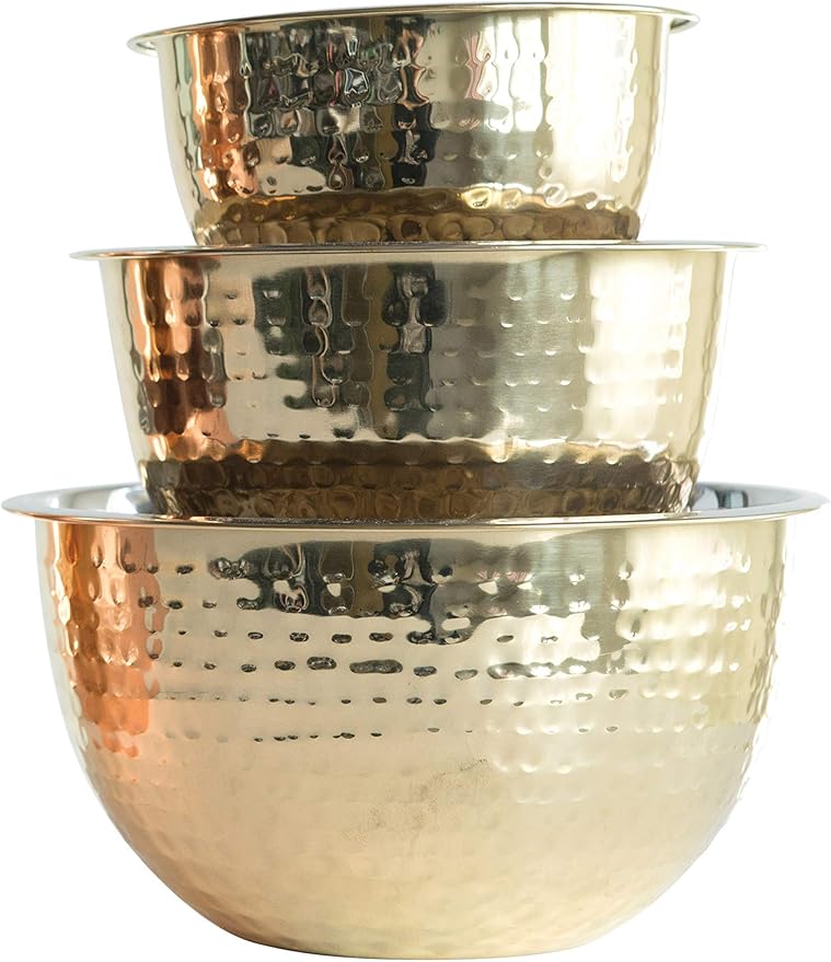 Creative Co-Op Hammered Stainless Steel Bowls in Gold Finish (Set of 3 Sizes)