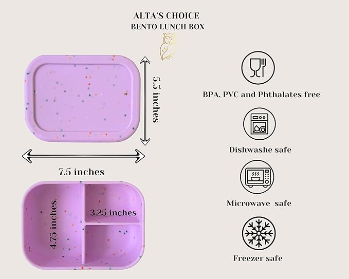 ALTA'S CHOICE SILICONE BENTO LUNCH BOX (LILAC) Leak-Proof Lunchbox, 3 Compartments. BPA, Phthalate, Lead, & PVC Free. Bento Lunch Box for Kids and Adults. Microwave, Dishwasher Safe, Reusable.