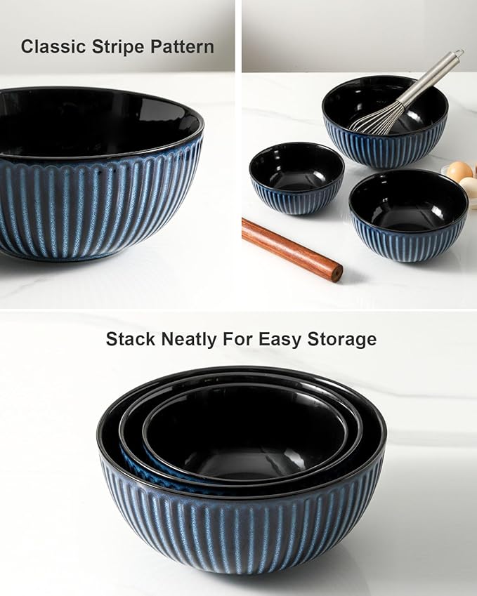 Hasense Mixing Bowls, Large Ceramic Nesting Mixing Bowls Set of 3, Serving Bowls Ideal for Baking, Prepping and Cooking Food, Nesting Salad Bowls for Space Saving Storage, 1.5/1/0.5 Qt - Navy