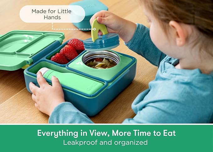 Omie OmieBox Bento Box for Kids - Insulated Lunch Box with Leak Proof Thermos Food Jar - 3 Compartments, 2 Temperature Zones - (Meadow) (Single)