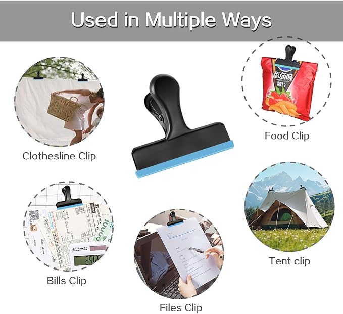 HOUSE AGAIN 12 Pack Stainless Steel Chip Bag Clips Covered with Blue Silicone - NO More Sharp Edges - Color Coded for Food Bags - Air Tight Seal, Heavy Duty for Kitchen and Office, 3 Inches-Black