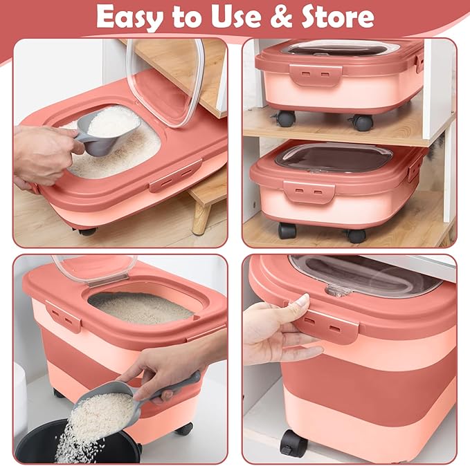 Rice Storage Container, 20Lbs Flour Container, Airtight Large Pet Dog Cat Food Storage Dispenser Bin with Wheels, Scoop & Measuring Cup, Collapsible Kitchen Dry Food Holder for Rice Cereal Kibble