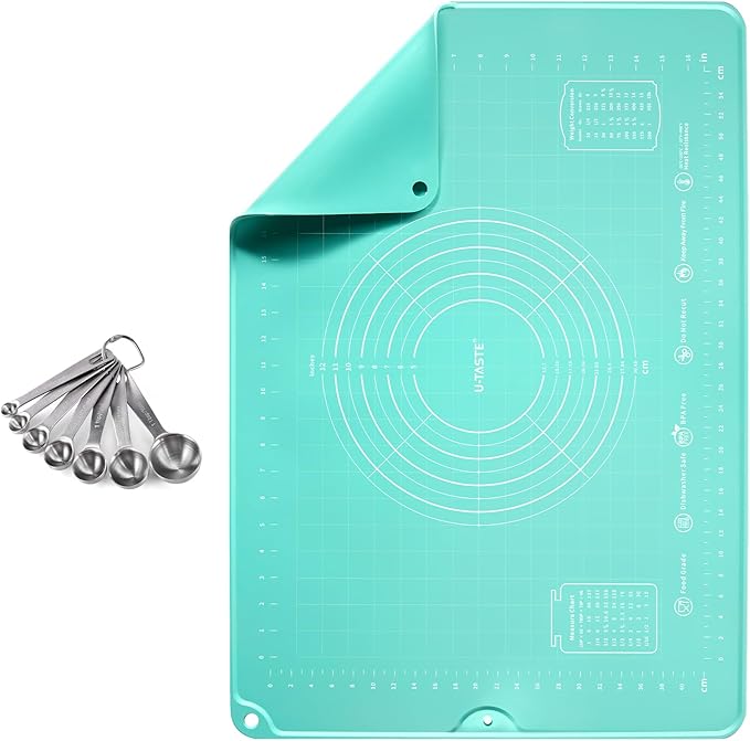 18/8 Stainless Steel Measuring Spoons Set for Dry and Liquid Ingredients (Set of 7), and 20inx28in Large Silicone Pastry Mat Food-Grade Non-Stick Dough Rolling Mat (Aqua Sky)