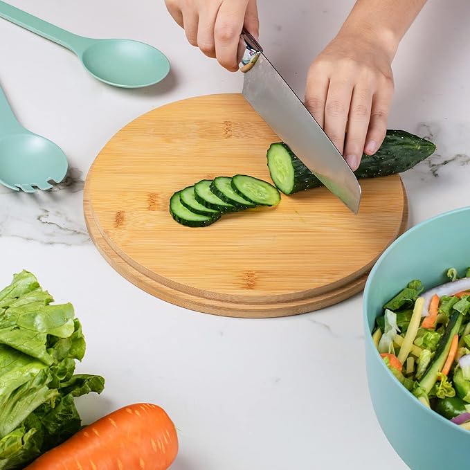 Bamboo Fiber 10 ″ Large Salad Serving Bowl Set with Wooden Lid & Servers, 3.5Qt Big Bowl with Utensils for Mixing Salad,Fruit,Pasta,Lightweight & Dishwasher Safe,, Ideal Gift for Home - Teal Color