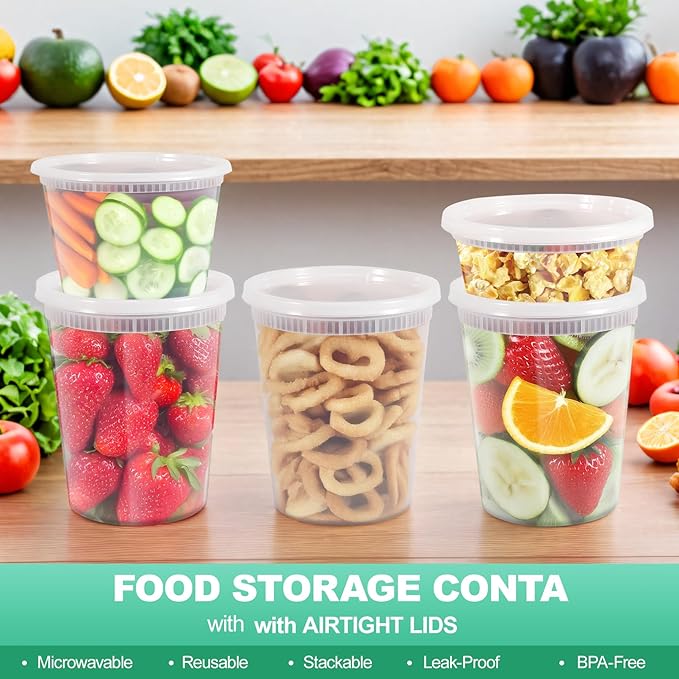 Blcculi 50 Set Deli Containers with Lids,Plastic Deli Food Storage Containers,Leakproof Soup Containers with Airtight Lids,Stackable,Dishwasher,Microwave Safe (16oz-25Set, 32oz-25 Set)