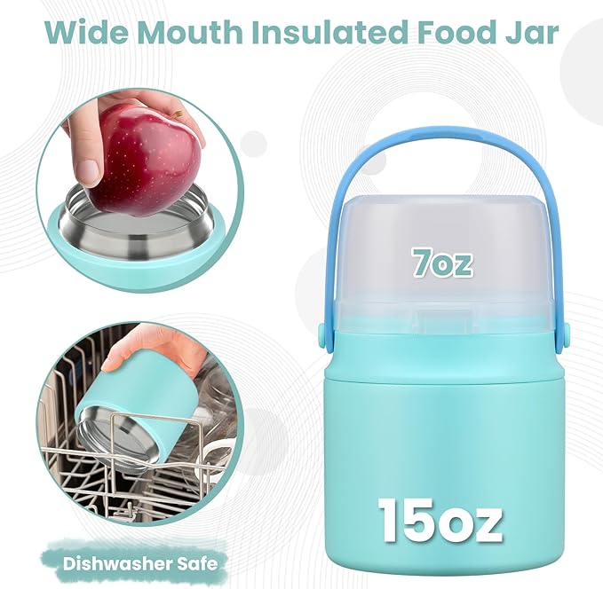 2-In-1 Soup Thermo for Hot Food Kids, 15 Oz Insulated Food Container and a Snack Box, Wide Mouth, Leak Proof, Stainless Steel Spoon, Dishwasher Safe Food Thermo Set for School, Work,Tiffany Blue