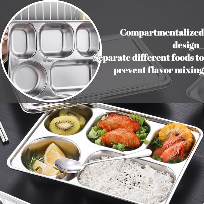 Stainless Steel Divided Plates with Lid, 5 Pack Divided Dinner Tray 5 Compartments Lunch Tray Divided Dinner Tray Meal Prep Lunch Containers for Adults, Picky Eaters, Campers, Portion Control