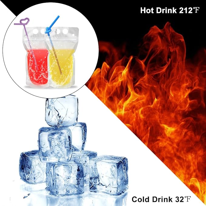 100 Pcs Drink Pouches with 100 Straw Holes, Freezable Juice Pouches, Translucent Reclosable Zipper Plastic Pouche Drink Bags for Cold & Hot Drinks for Adults and Kids