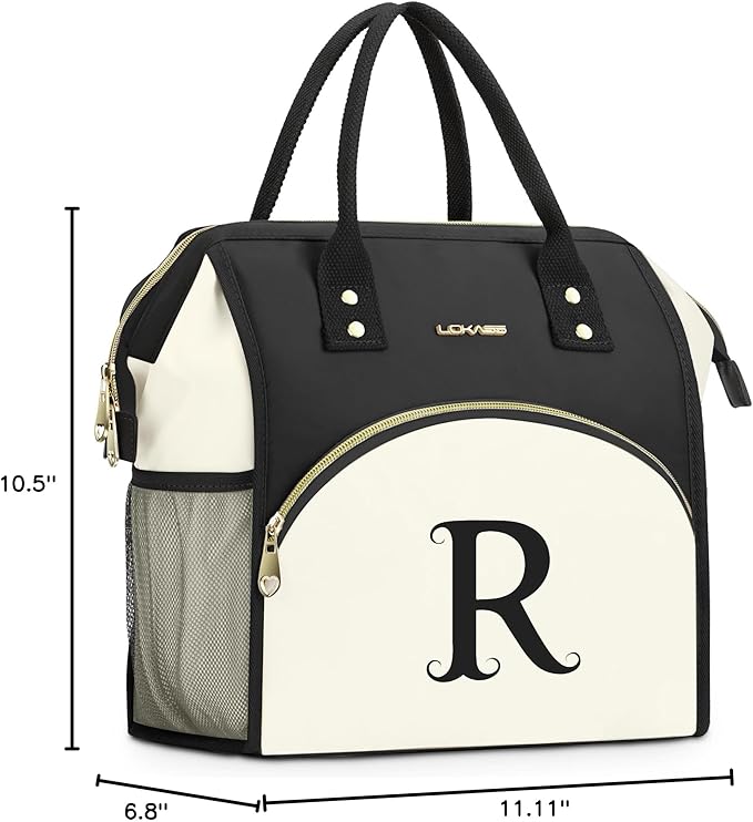 Personalized Lunch Box for Women, Initial Reusable Insulated Lunch Bag, Wide-Open Adult Lunchbox Cooler Lunchbag, Initial Leakproof Lunch Tote Bag for Picnic Work Outdoors Black and White - R