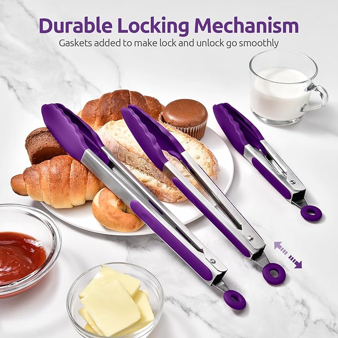 U-Taste Purple 7/9/12 inches Cooking Tongs, with 600ºF High Heat-Resistant Non-Stick Silicone Tips and 18/8 Stainless Steel Measuring Cup Set of 7