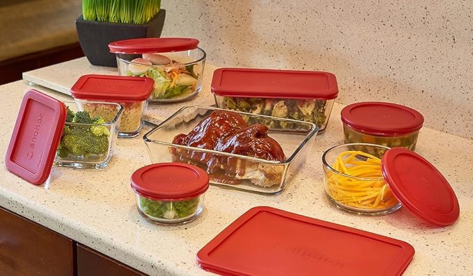 Pyrex (3) 7210 3-Cup Glass Food Storage Dishes & (3) 7210-PC Red Plastic Food Storage Lids