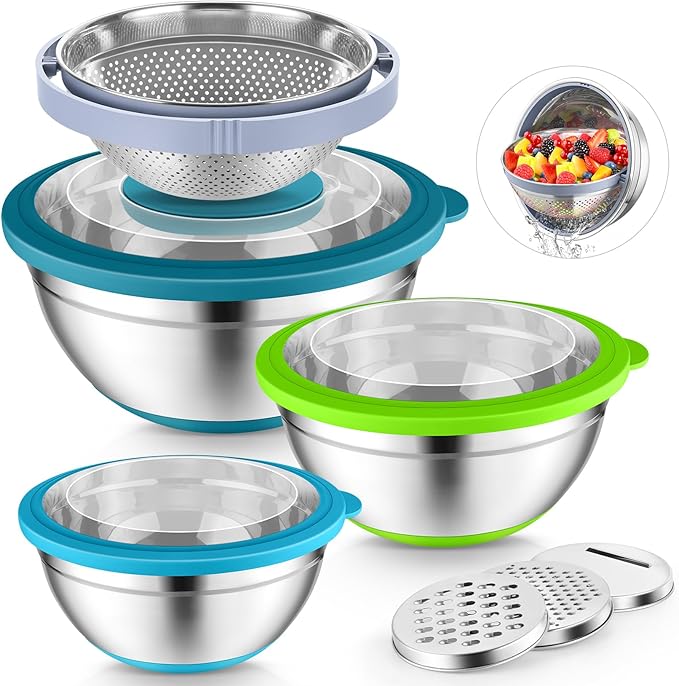 P&P CHEF Mixing Bowls with Lids Set of 3, 3 Pcs Stainless Steel Nesting Salad Bowls and Colander for Kitchen, 3 Grater Attachments & Non-Slip Bottoms, Visible & Airtight Lid, Multicolor