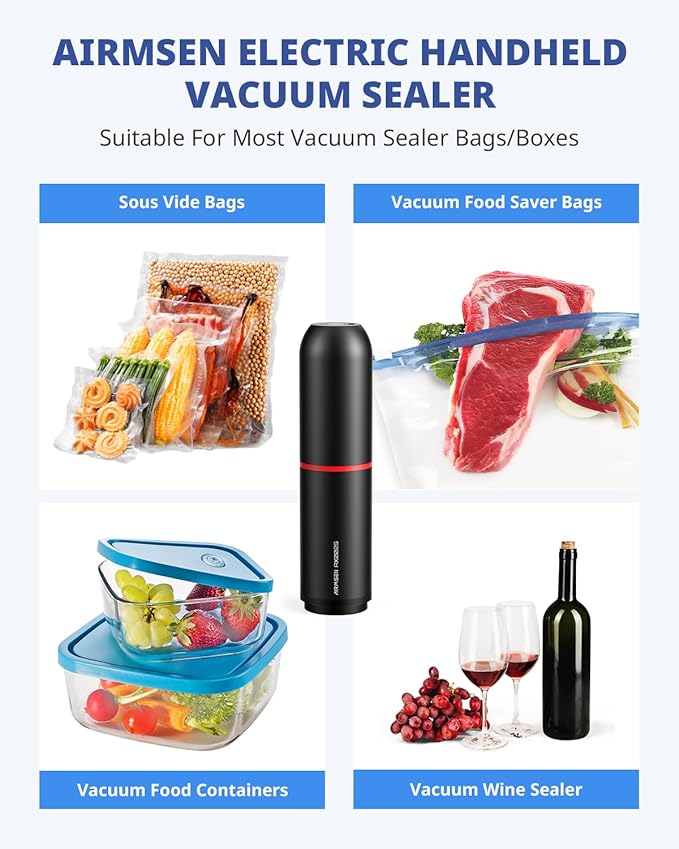 AIRMSEN Handheld Vacuum Sealer with 1.4L Glass Vacuum Container and 11 PCS Reusable Sous Vide Bags, Compact Vacuum Sealer Machine for Food Storage